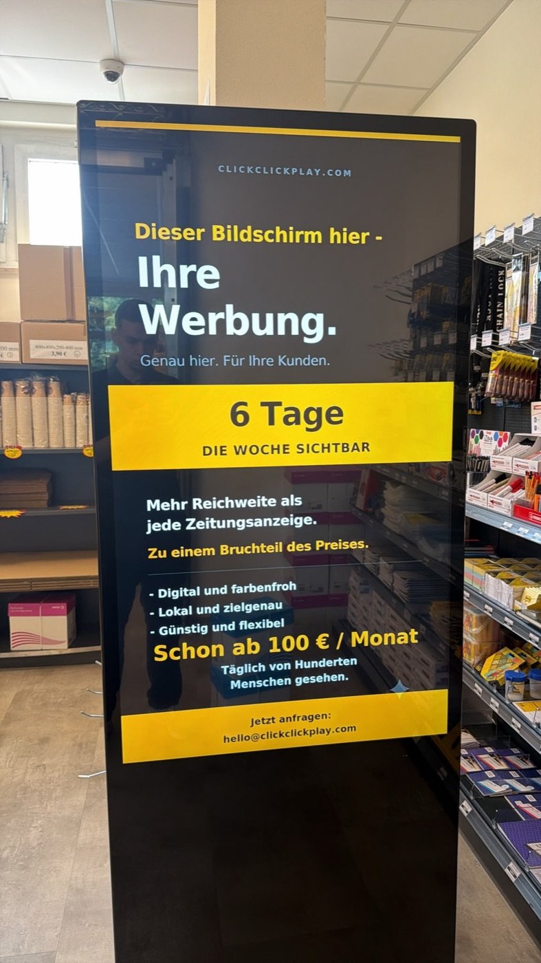 ClickClickPlay digital advertising totem inside a Berlin kiosk