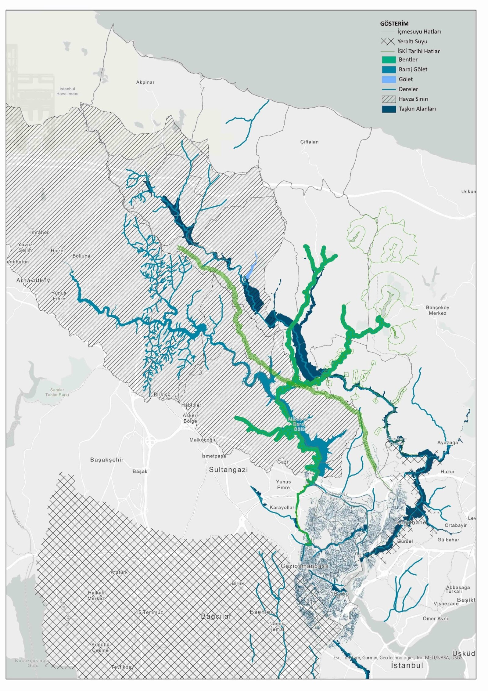 Hydrology and watershed map of Eyüpsultan showing drinking-water lines, dams, streams and flood-prone areas