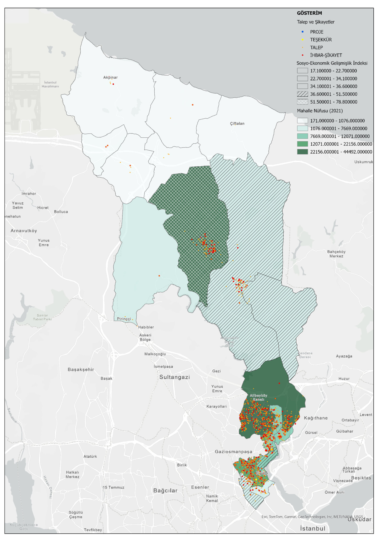 Citizen requests and complaints overlaid on neighborhood population and socio-economic development index