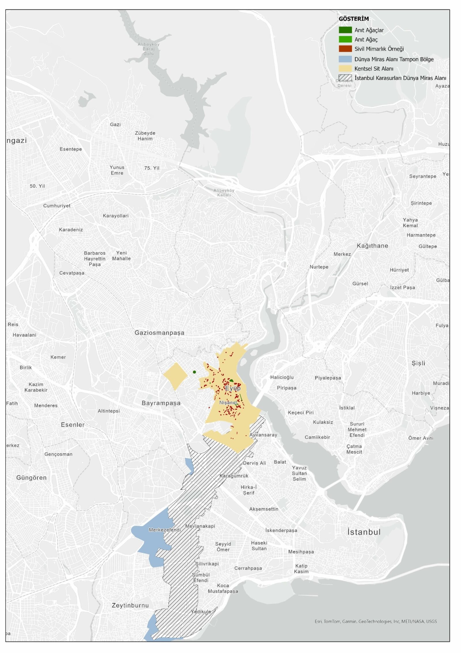 Cultural heritage map of Eyüp showing urban conservation site and Istanbul Land Walls World Heritage buffer zone