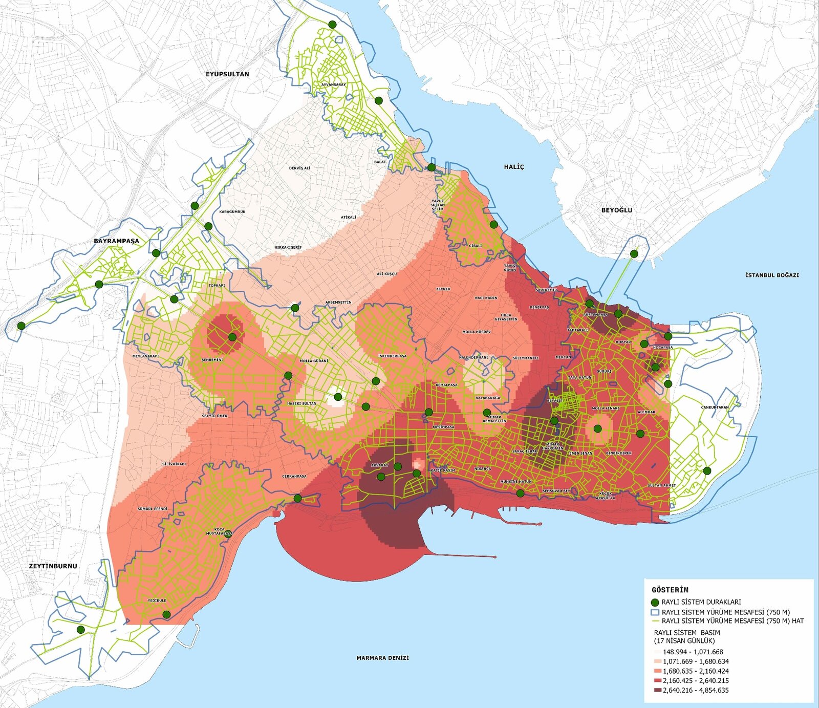 Rail-system accessibility and 750m walking-distance catchment map of the Historic Peninsula