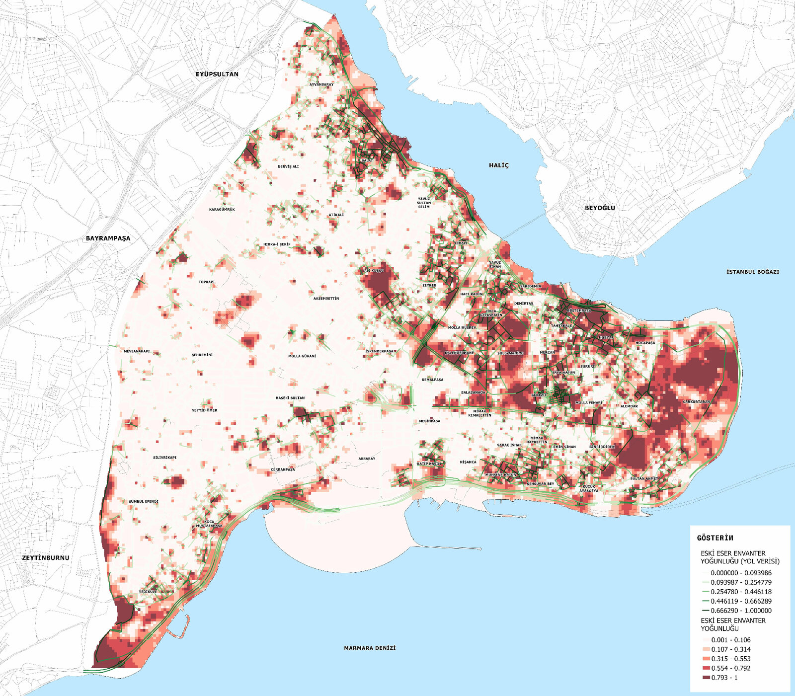 Density map of registered historic monuments and cultural inventory across Fatih district