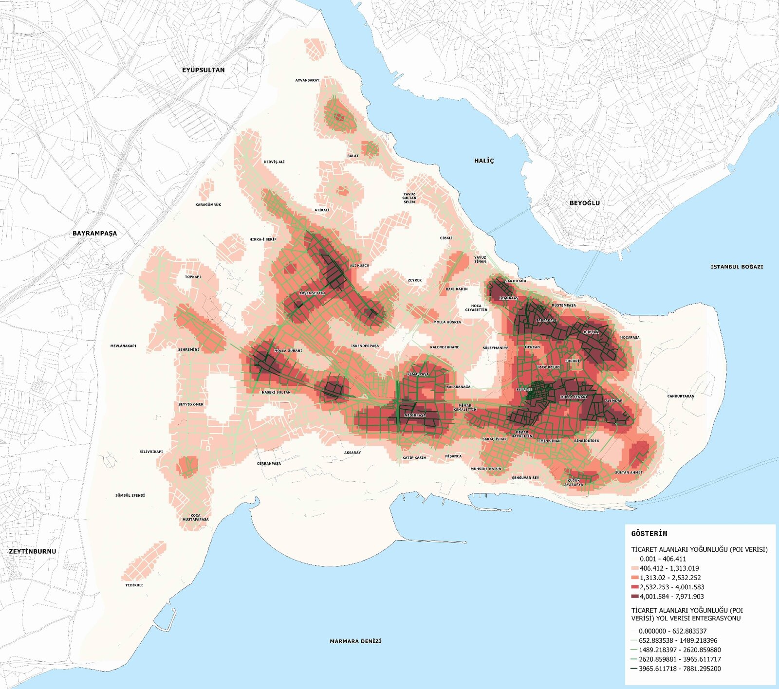 Density map of commercial points of interest integrated with street network in Fatih