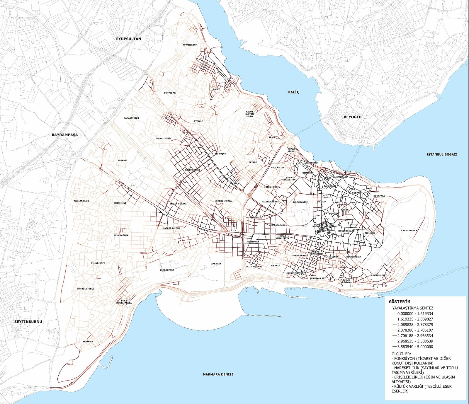Composite pedestrianization synthesis map ranking street segments by walkability potential