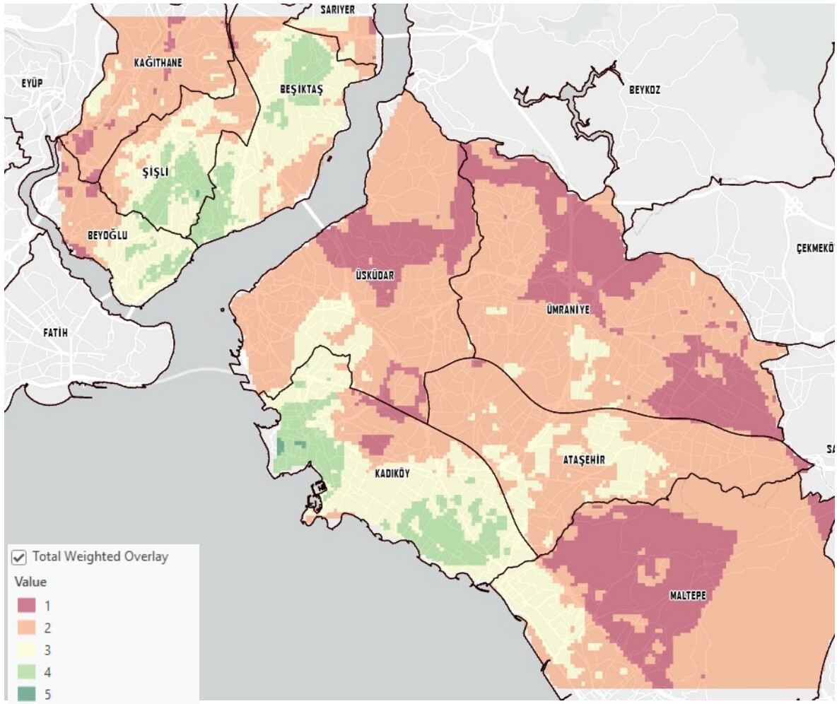 Weighted overlay map of potential growth areas across Istanbul districts